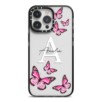 Personalised Butterfly iPhone 14 Pro Max Black Impact Case on Silver phone
