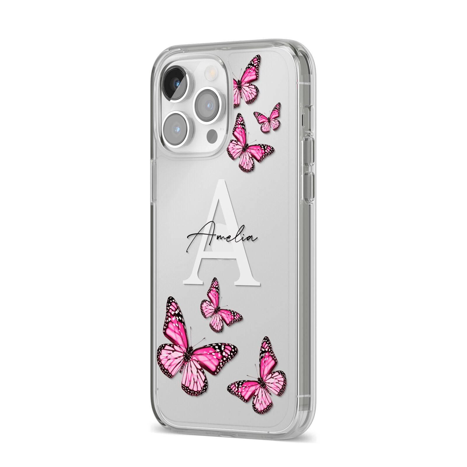 Personalised Butterfly iPhone 14 Pro Max Clear Tough Case Silver Angled Image