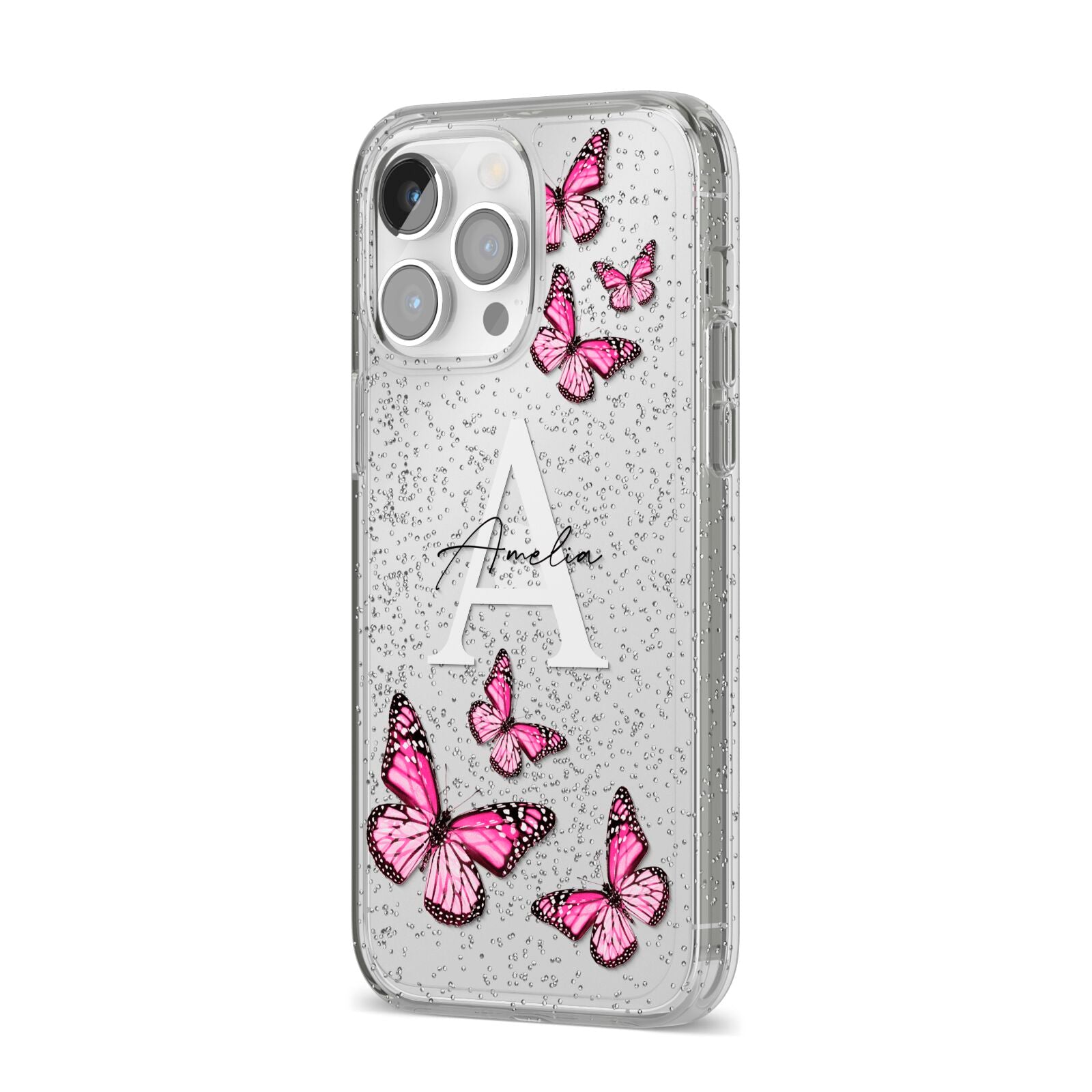 Personalised Butterfly iPhone 14 Pro Max Glitter Tough Case Silver Angled Image