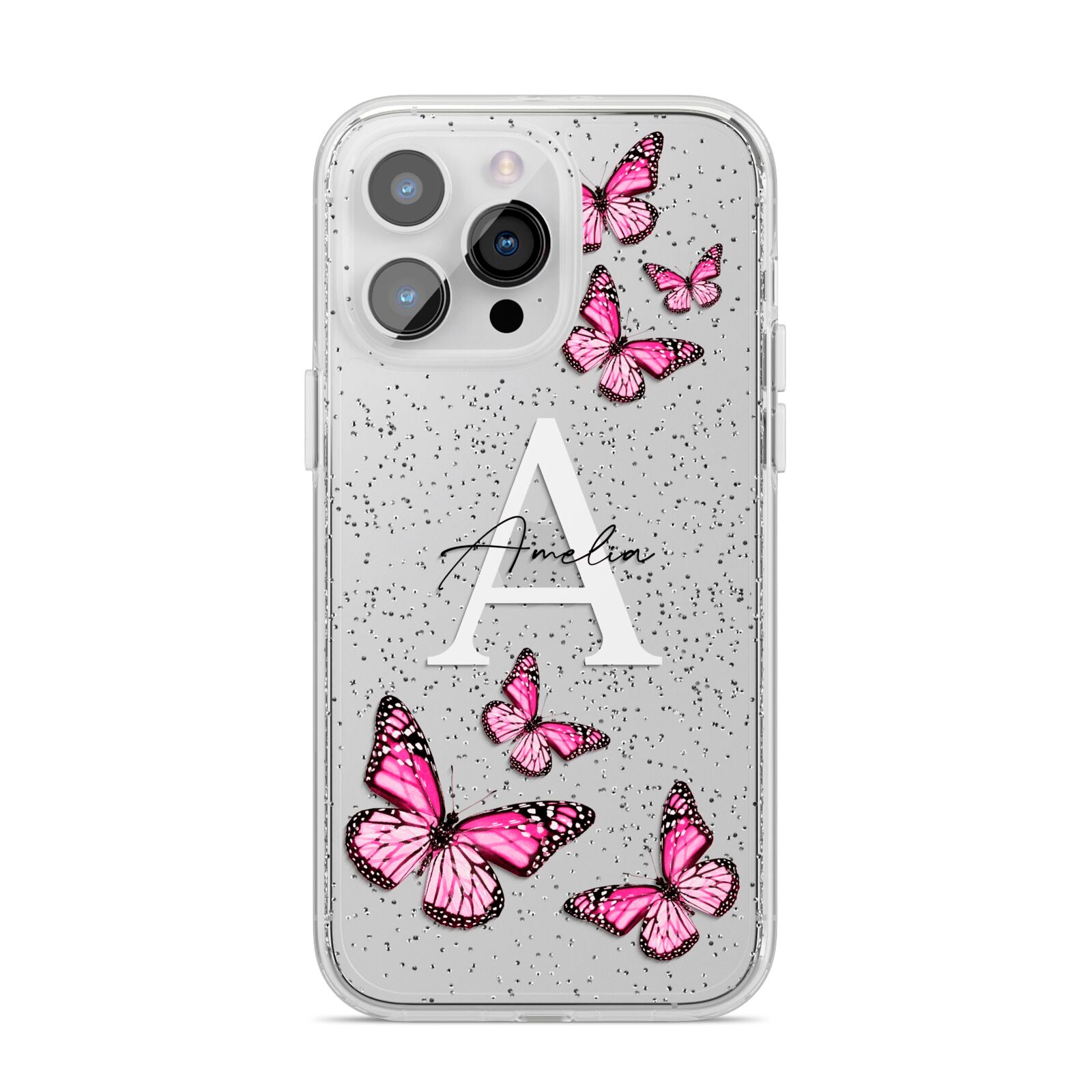 Personalised Butterfly iPhone 14 Pro Max Glitter Tough Case Silver