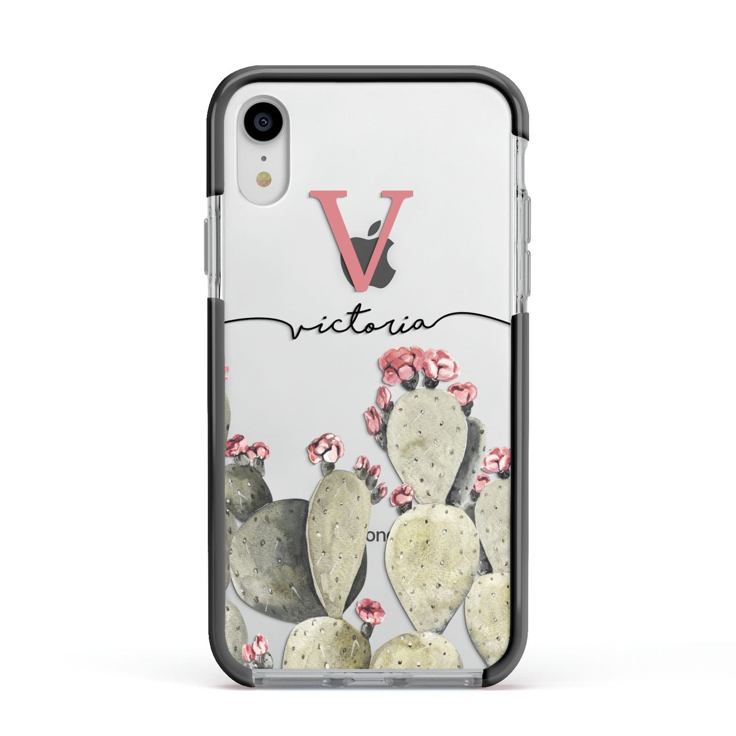 Personalised Cacti Apple iPhone XR Impact Case Black Edge on Silver Phone