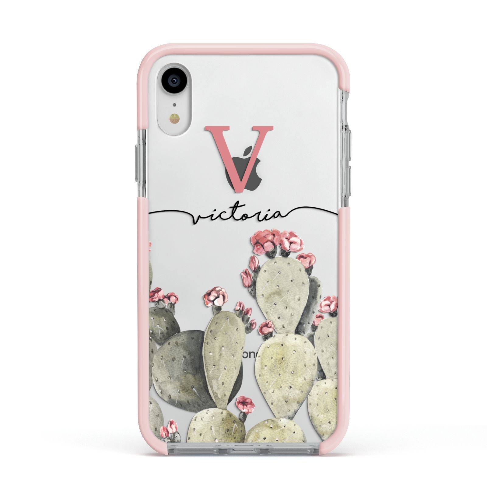 Personalised Cacti Apple iPhone XR Impact Case Pink Edge on Silver Phone