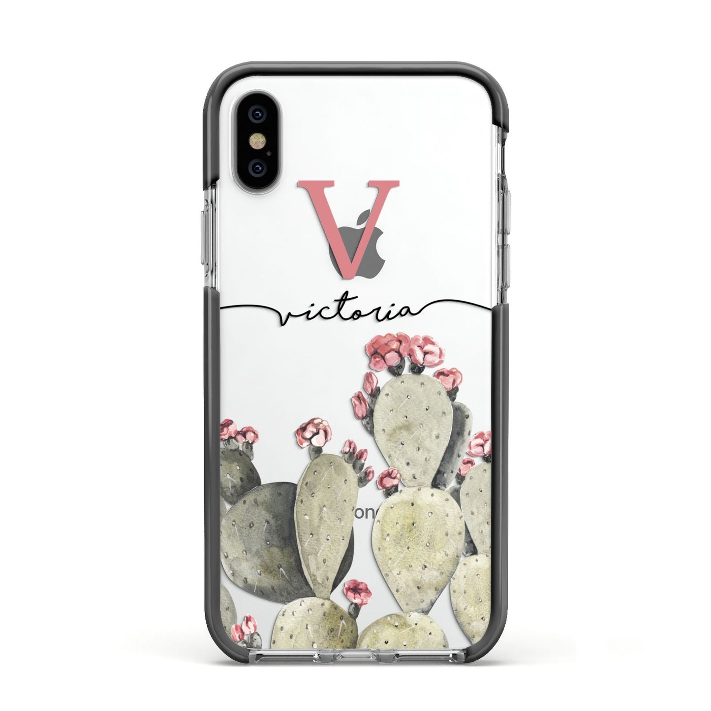 Personalised Cacti Apple iPhone Xs Impact Case Black Edge on Silver Phone
