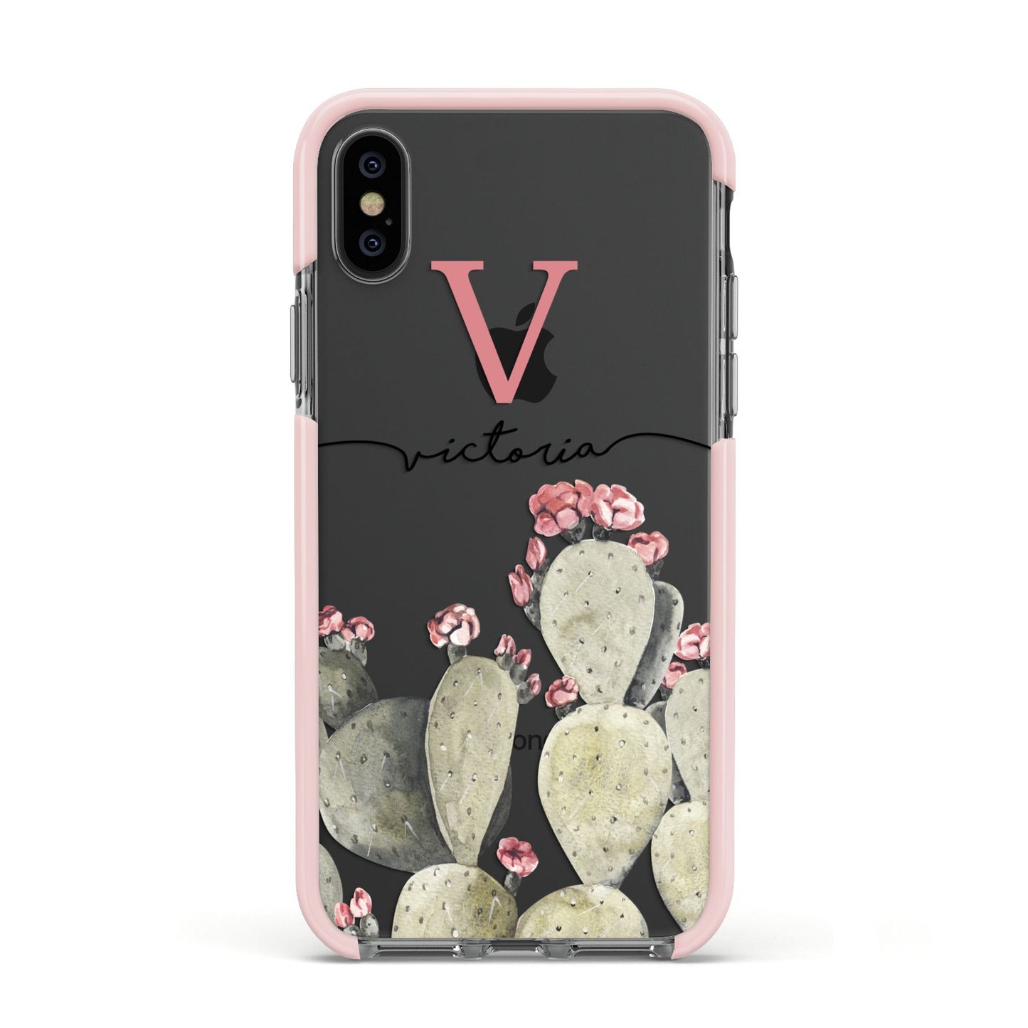 Personalised Cacti Apple iPhone Xs Impact Case Pink Edge on Black Phone