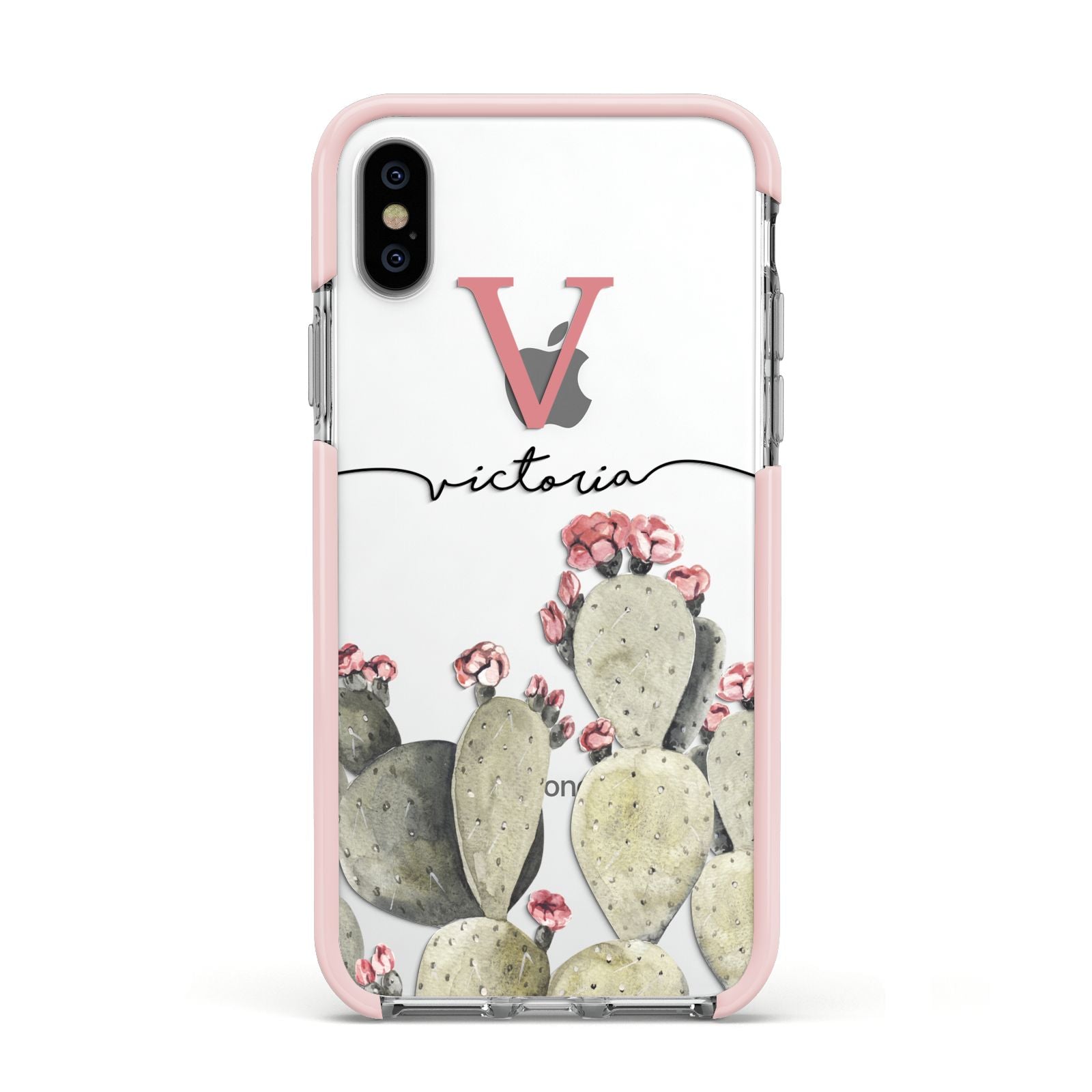 Personalised Cacti Apple iPhone Xs Impact Case Pink Edge on Silver Phone