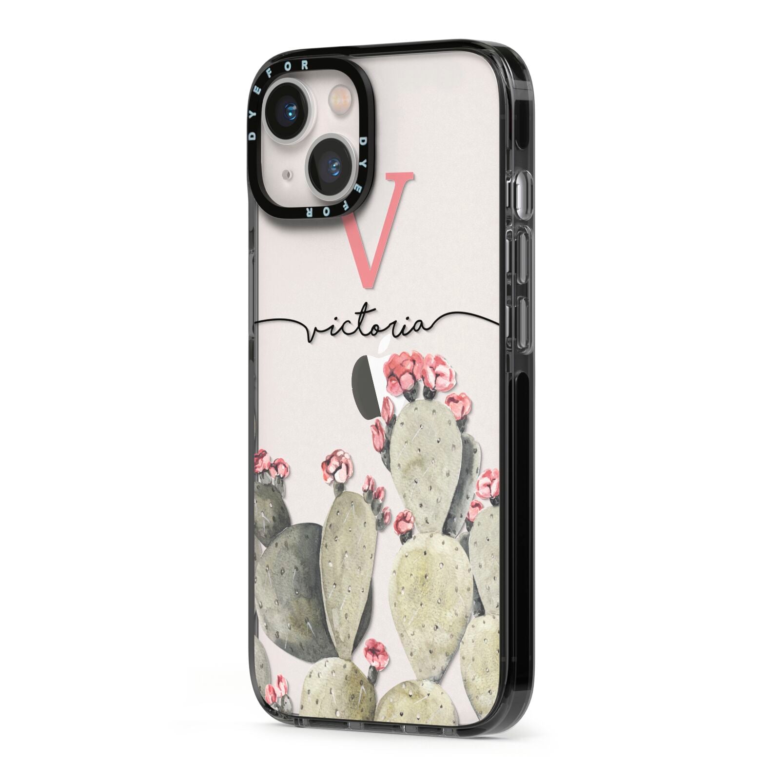 Personalised Cacti iPhone 13 Black Impact Case Side Angle on Silver phone