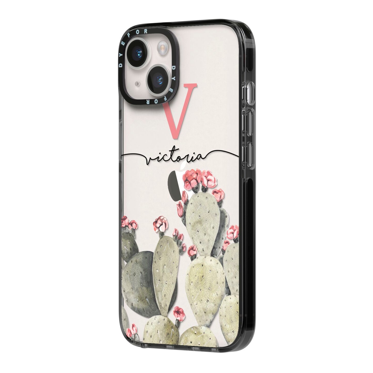 Personalised Cacti iPhone 14 Black Impact Case Side Angle on Silver phone