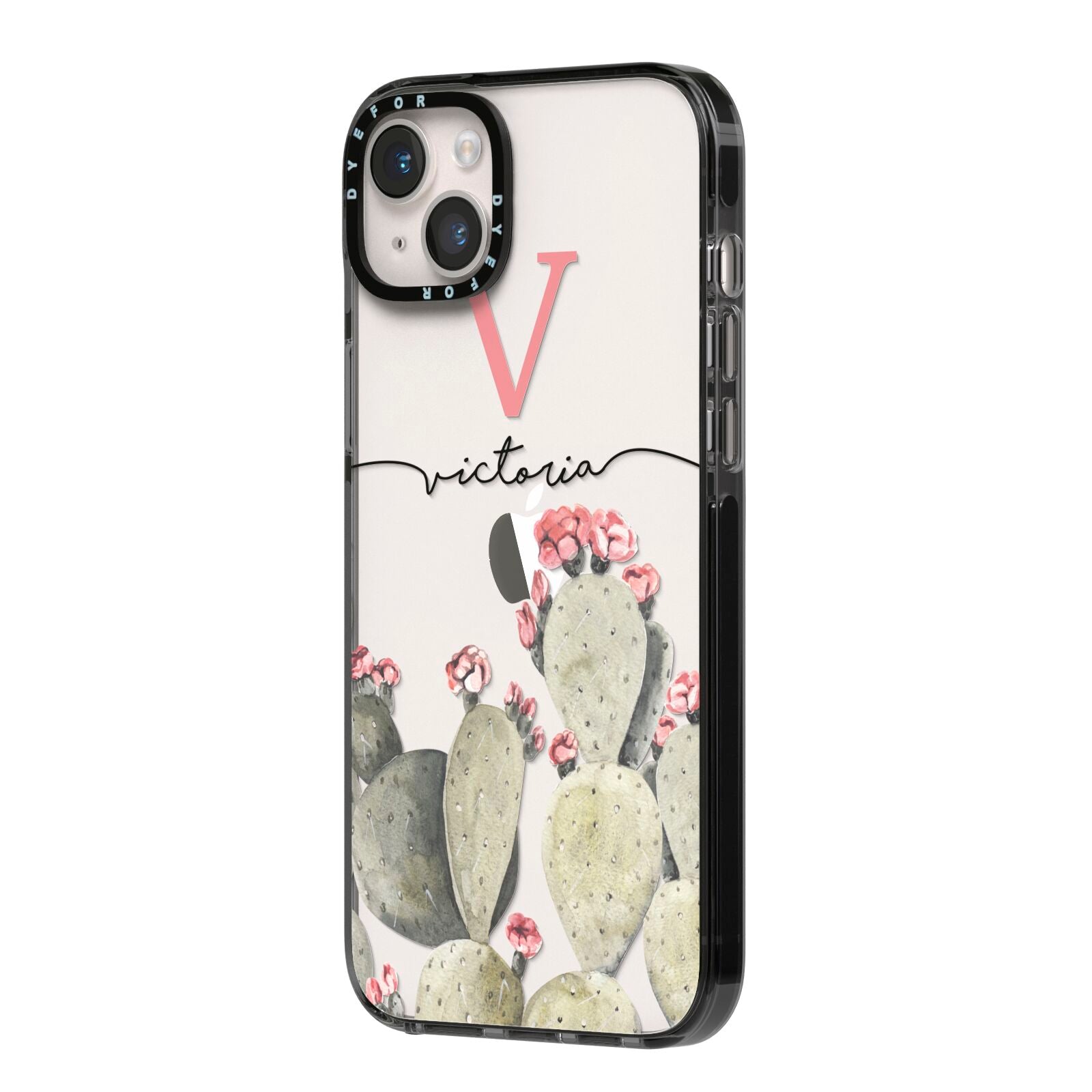 Personalised Cacti iPhone 14 Plus Black Impact Case Side Angle on Silver phone