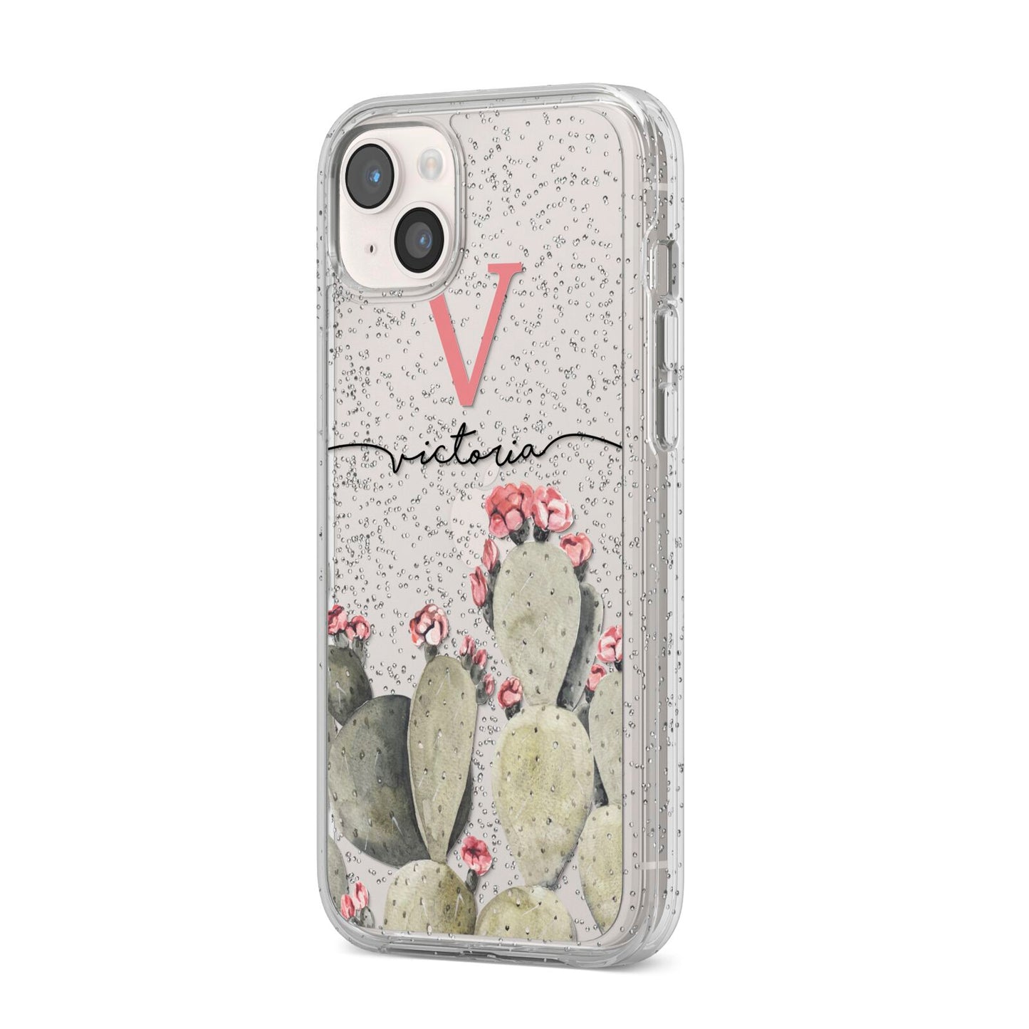 Personalised Cacti iPhone 14 Plus Glitter Tough Case Starlight Angled Image