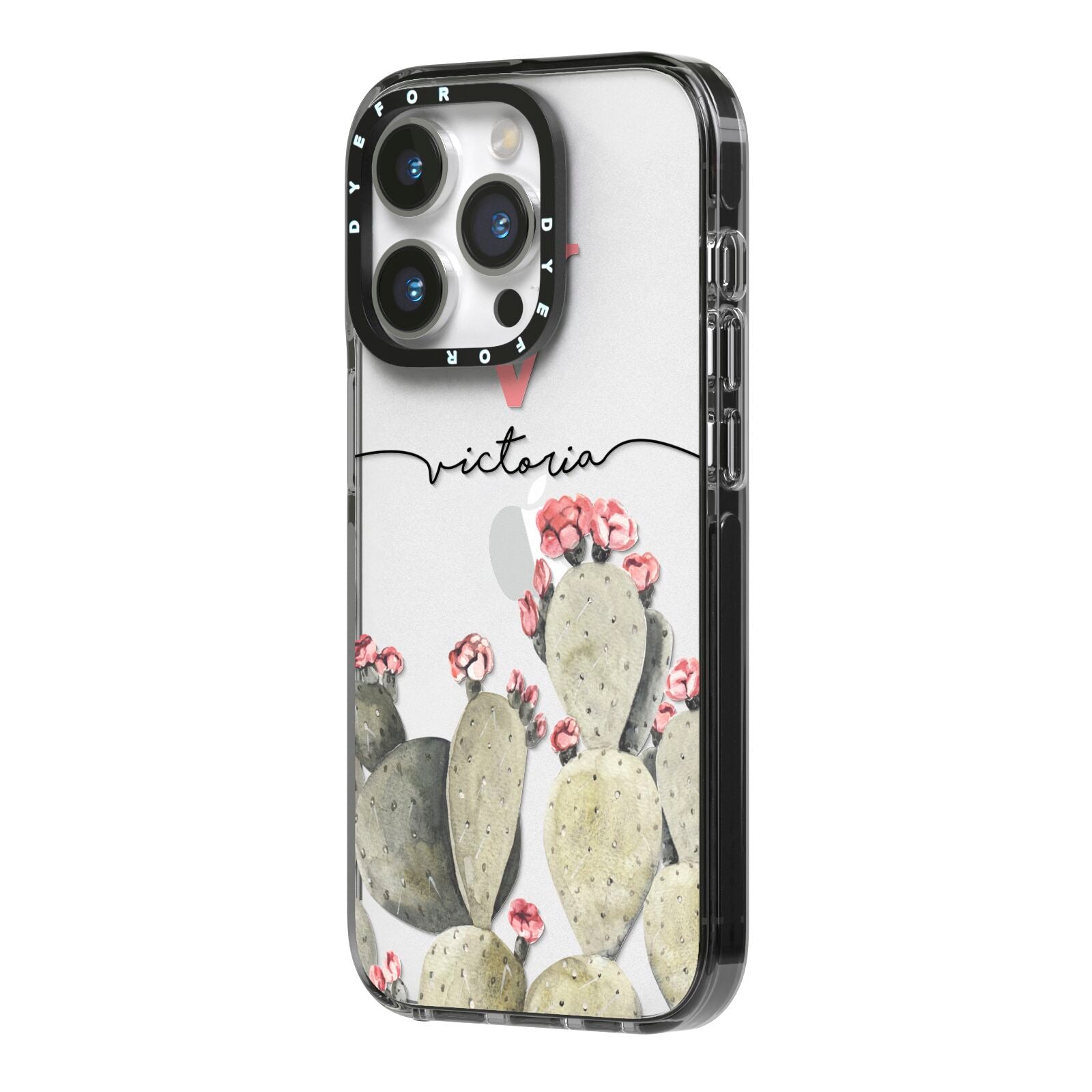 Personalised Cacti iPhone 14 Pro Black Impact Case Side Angle on Silver phone