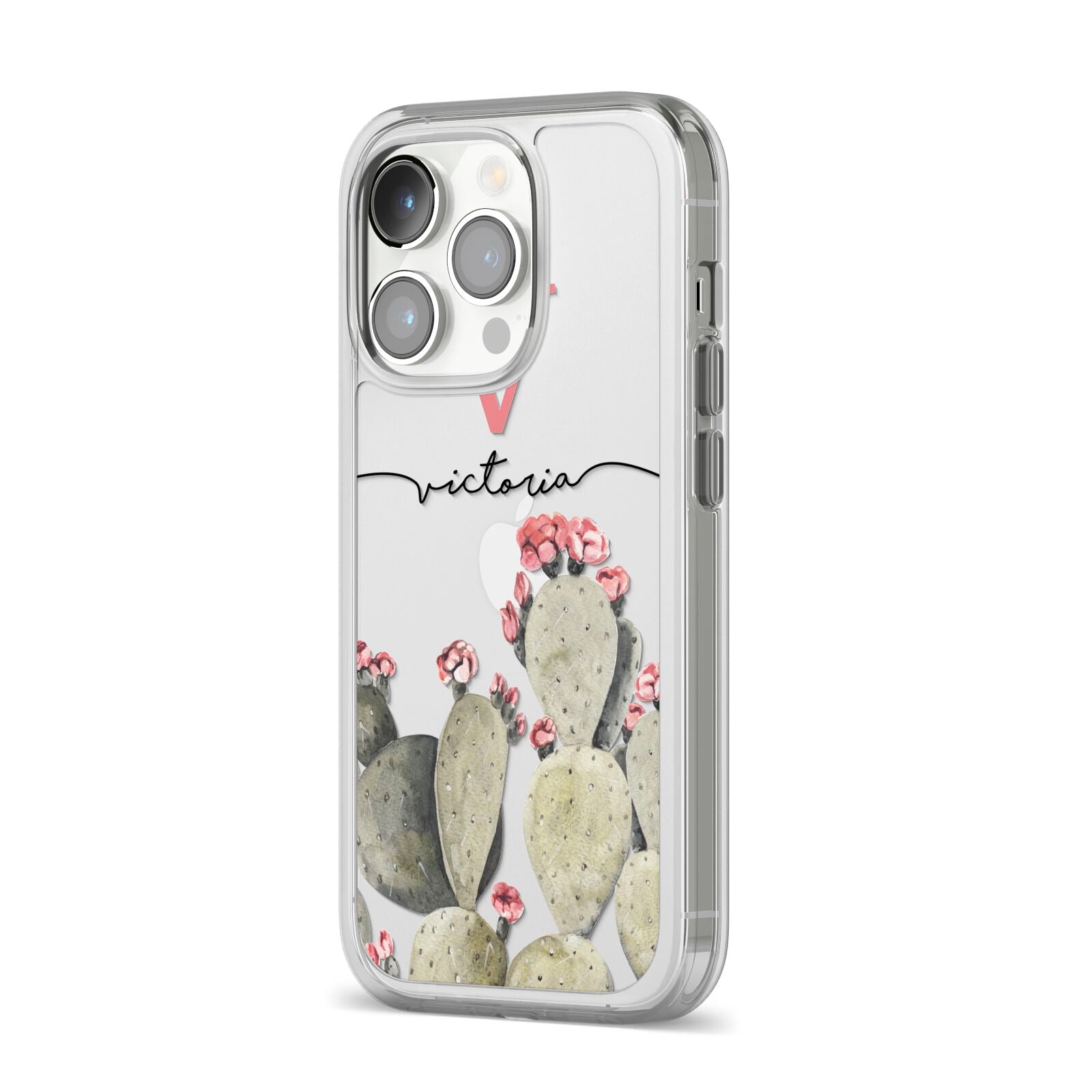 Personalised Cacti iPhone 14 Pro Clear Tough Case Silver Angled Image