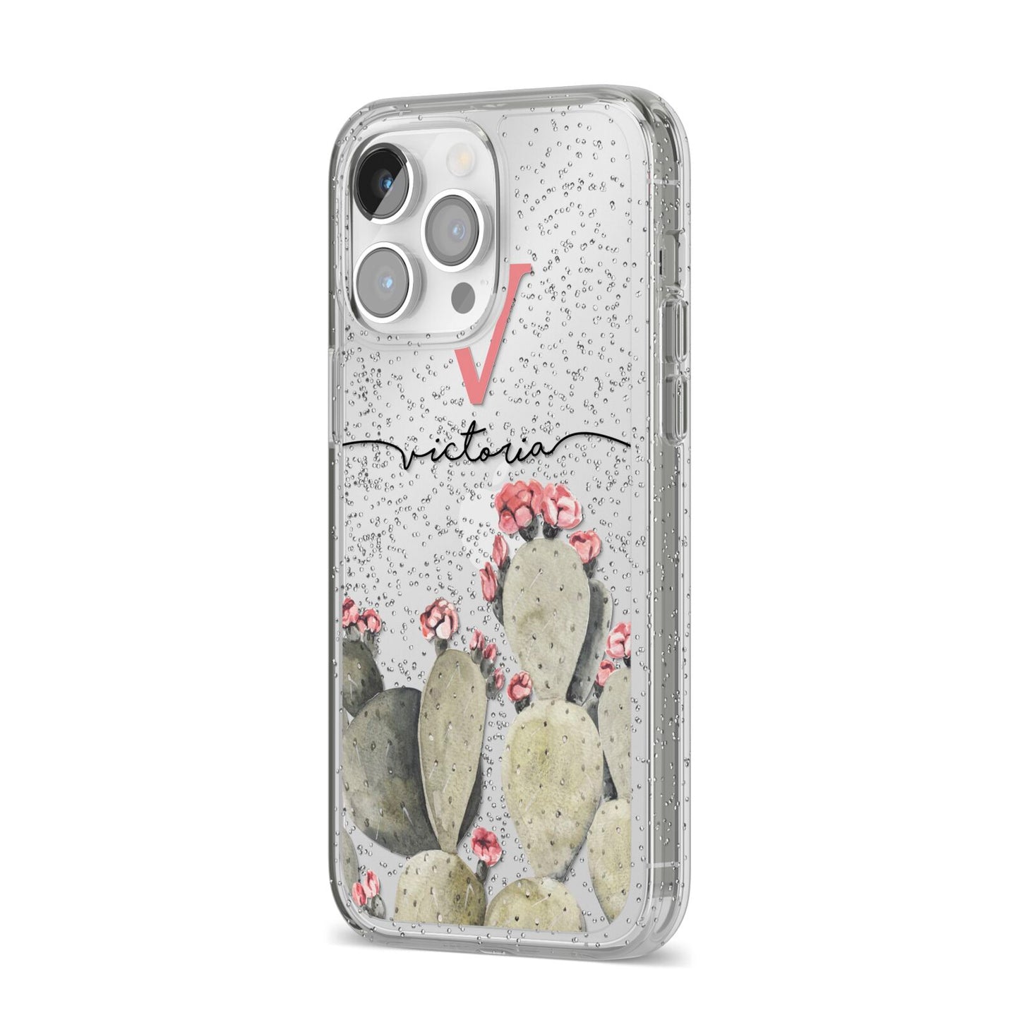 Personalised Cacti iPhone 14 Pro Max Glitter Tough Case Silver Angled Image
