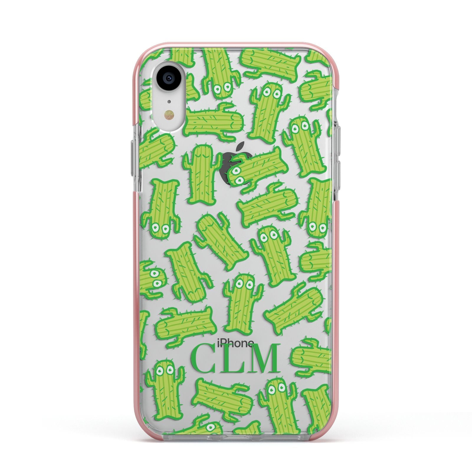 Personalised Cactus Initials Apple iPhone XR Impact Case Pink Edge on Silver Phone