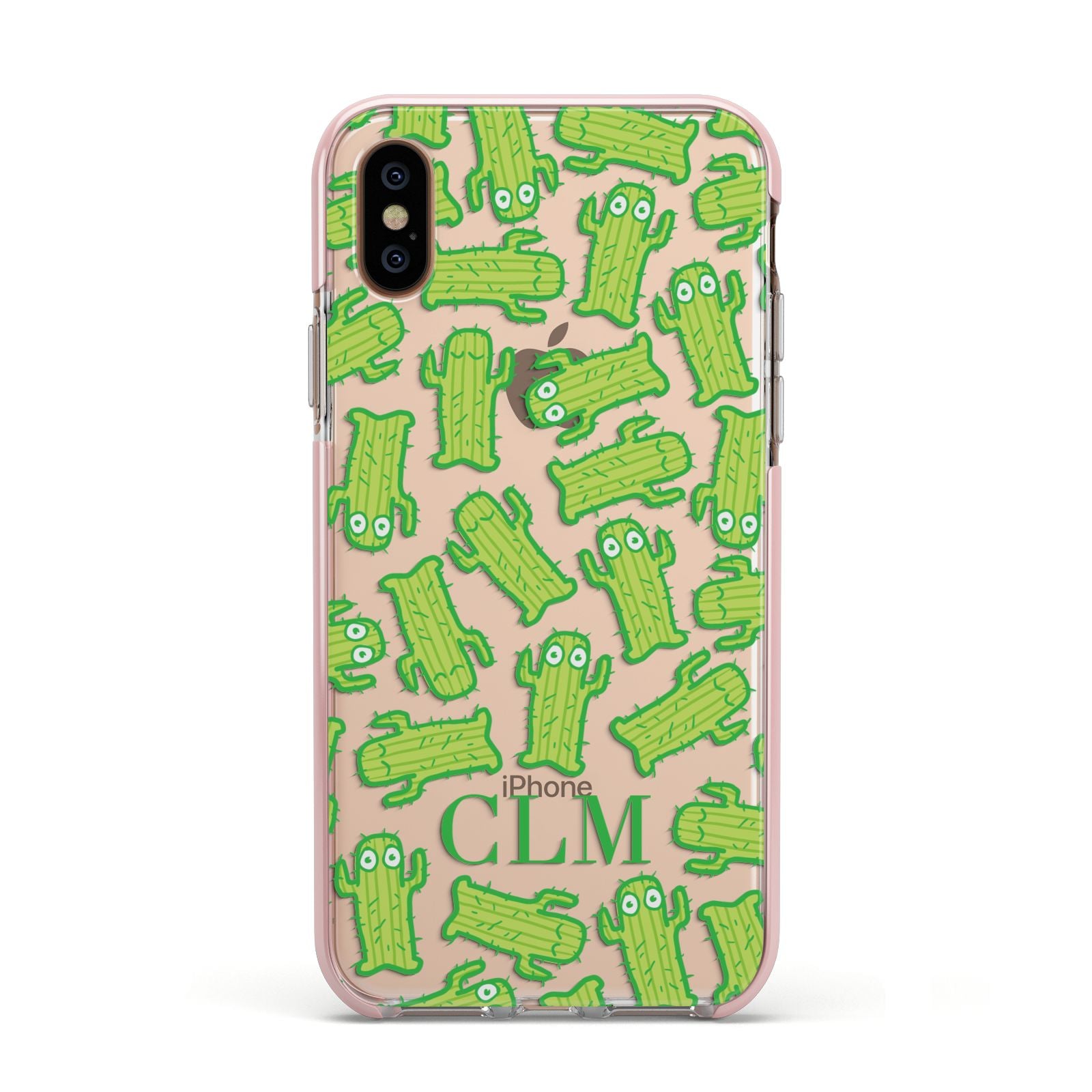 Personalised Cactus Initials Apple iPhone Xs Impact Case Pink Edge on Gold Phone