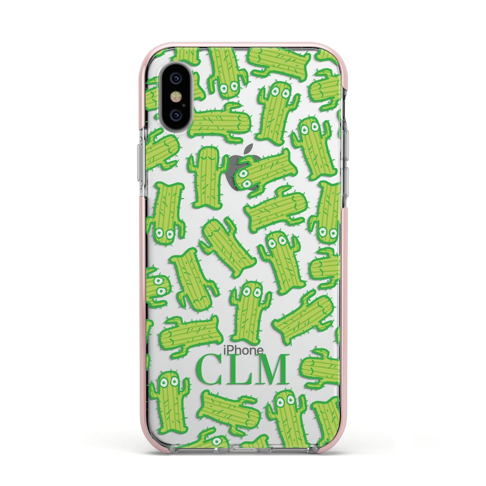 Personalised Cactus Initials Apple iPhone Xs Impact Case Pink Edge on Silver Phone