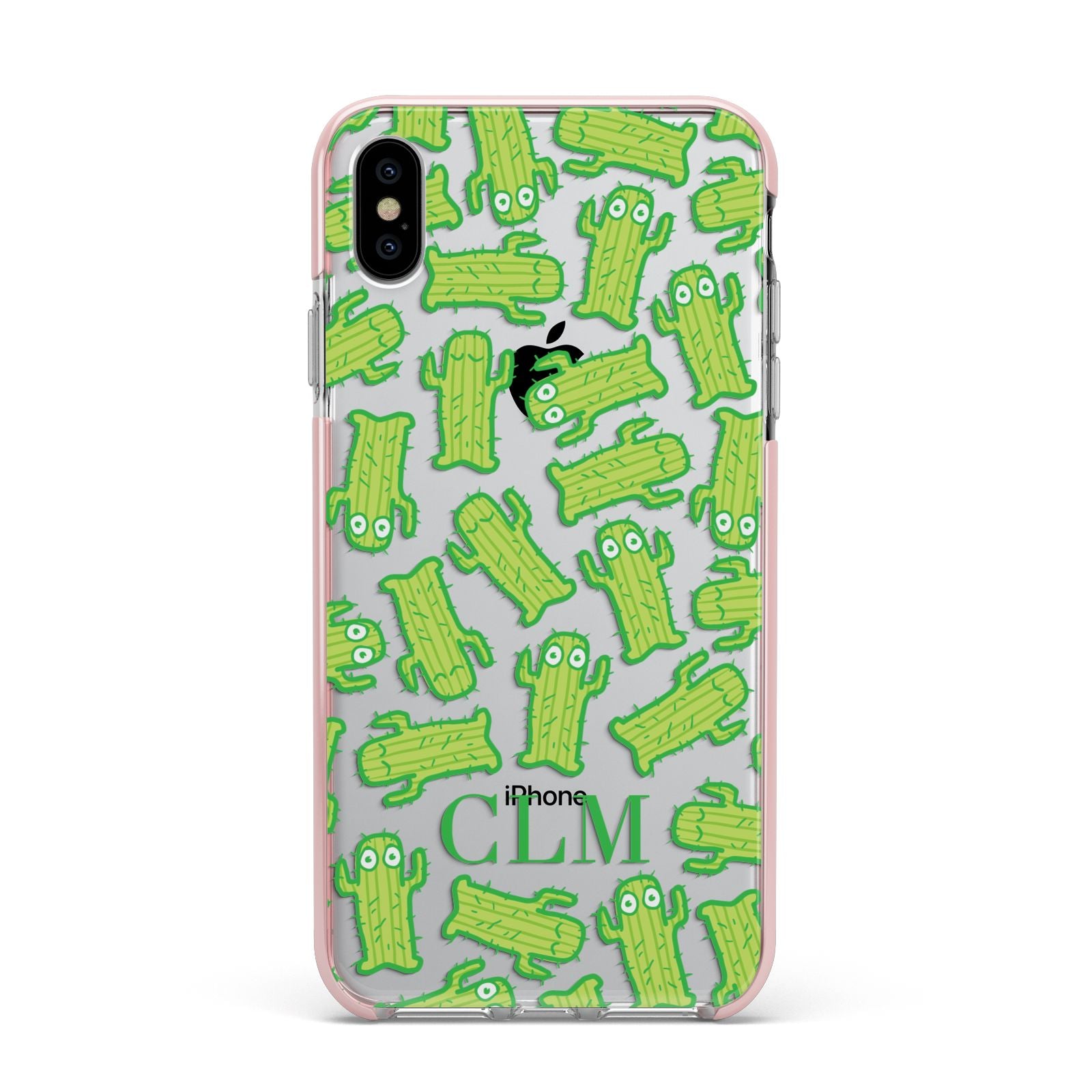 Personalised Cactus Initials Apple iPhone Xs Max Impact Case Pink Edge on Silver Phone