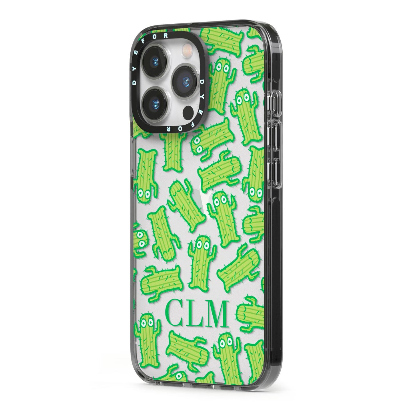 Personalised Cactus Initials iPhone 13 Pro Black Impact Case Side Angle on Silver phone