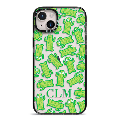 Personalised Cactus Initials iPhone 14 Plus Black Impact Case on Silver phone