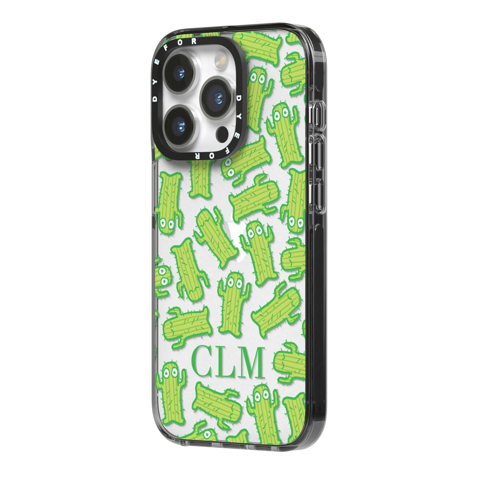 Personalised Cactus Initials iPhone 14 Pro Black Impact Case Side Angle on Silver phone