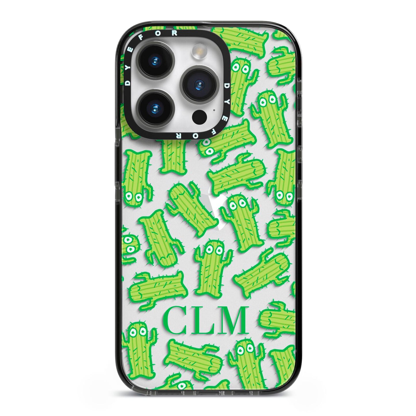 Personalised Cactus Initials iPhone 14 Pro Black Impact Case on Silver phone