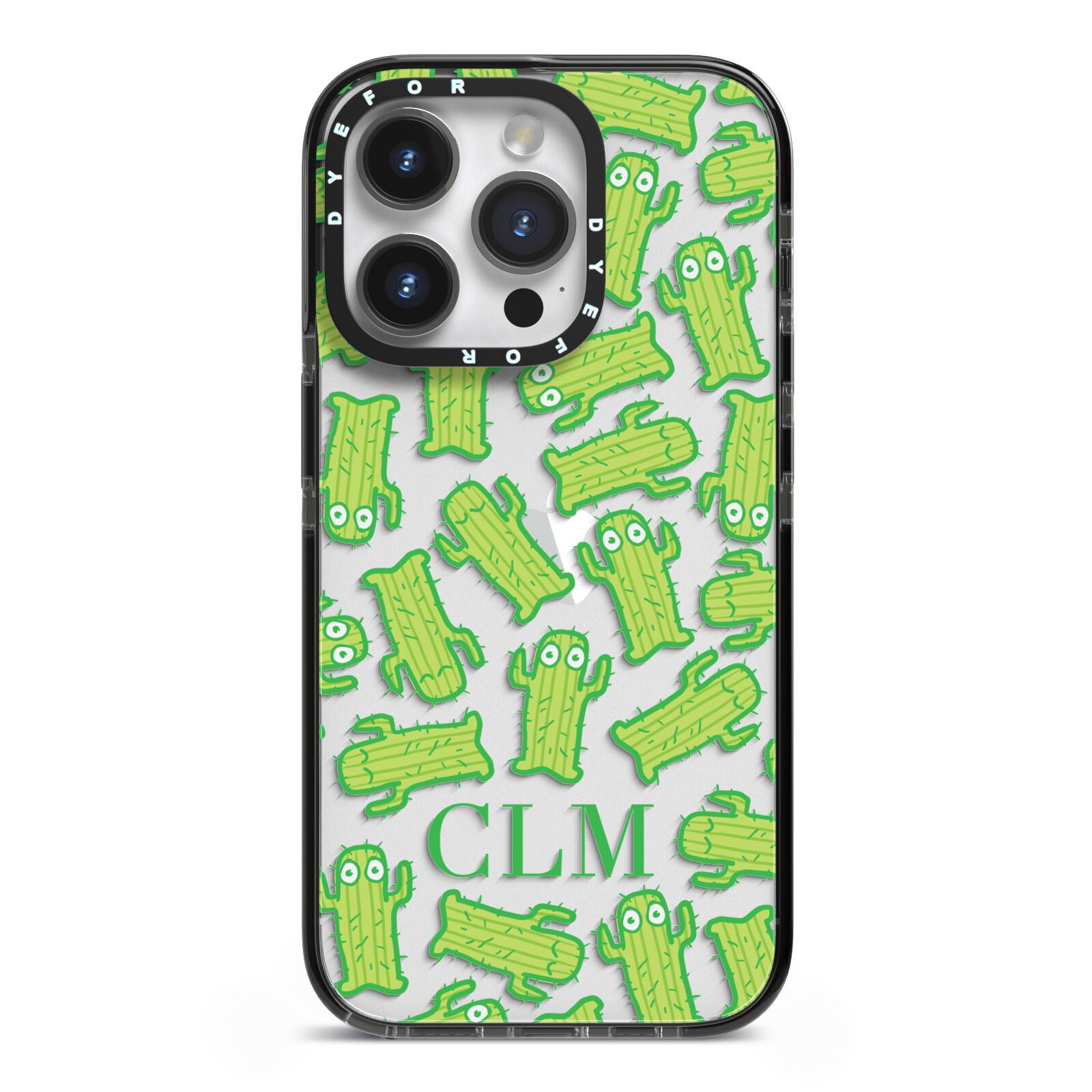 Personalised Cactus Initials iPhone 14 Pro Black Impact Case on Silver phone
