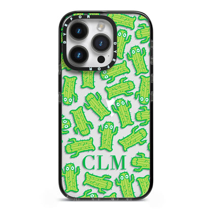 Personalised Cactus Initials iPhone 14 Pro Black Impact Case on Silver phone