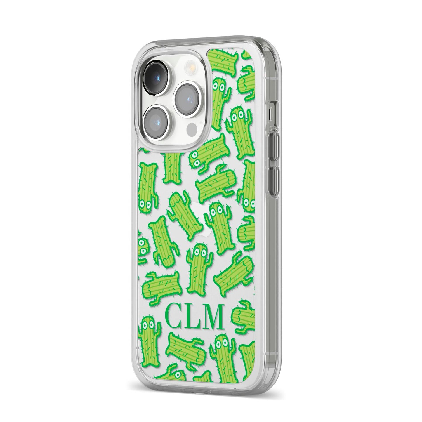 Personalised Cactus Initials iPhone 14 Pro Clear Tough Case Silver Angled Image
