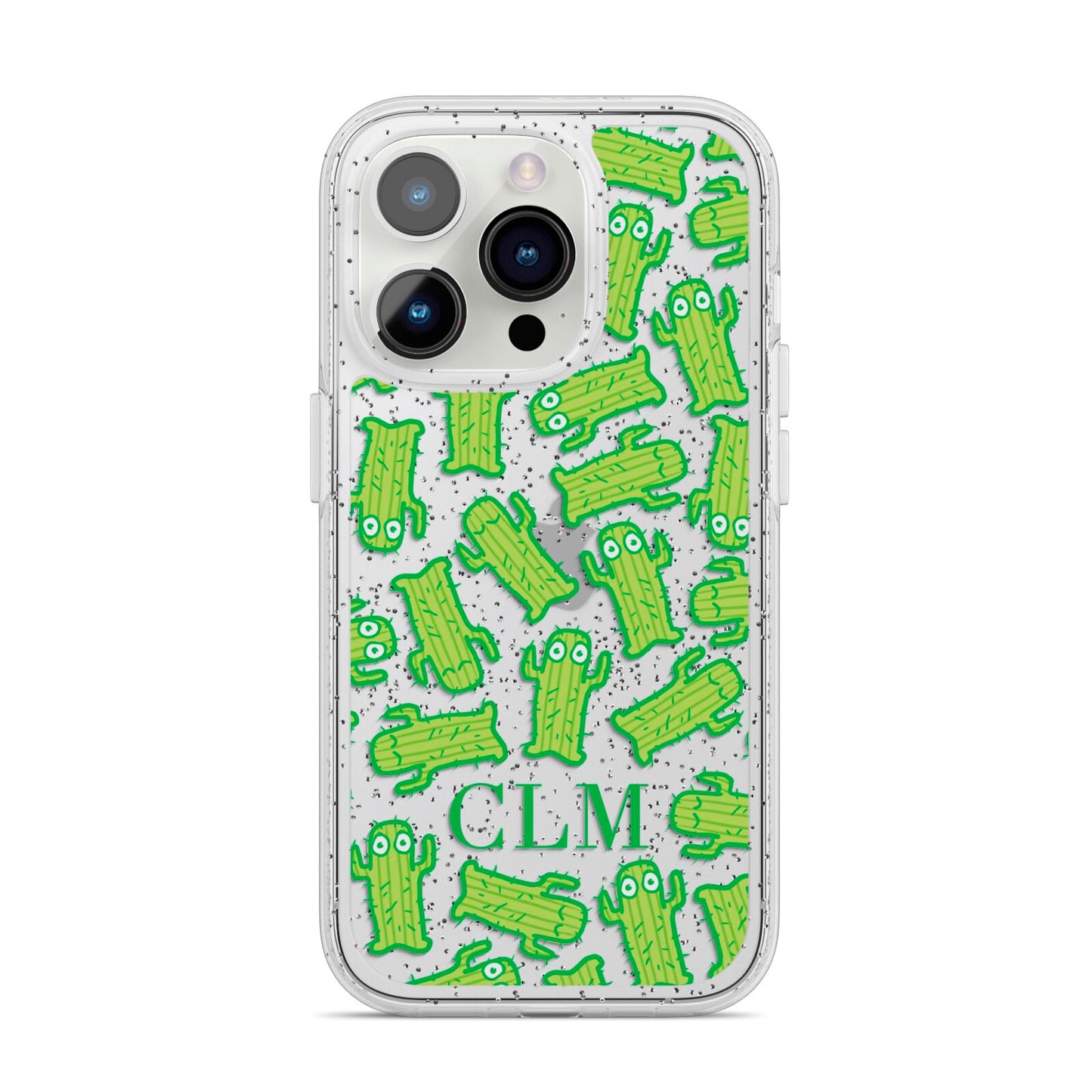 Personalised Cactus Initials iPhone 14 Pro Glitter Tough Case Silver