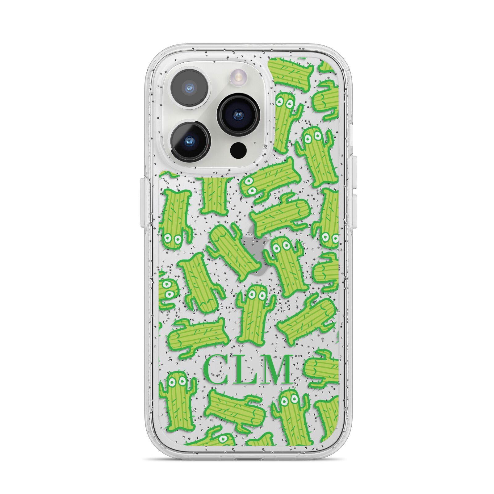 Personalised Cactus Initials iPhone 14 Pro Glitter Tough Case Silver