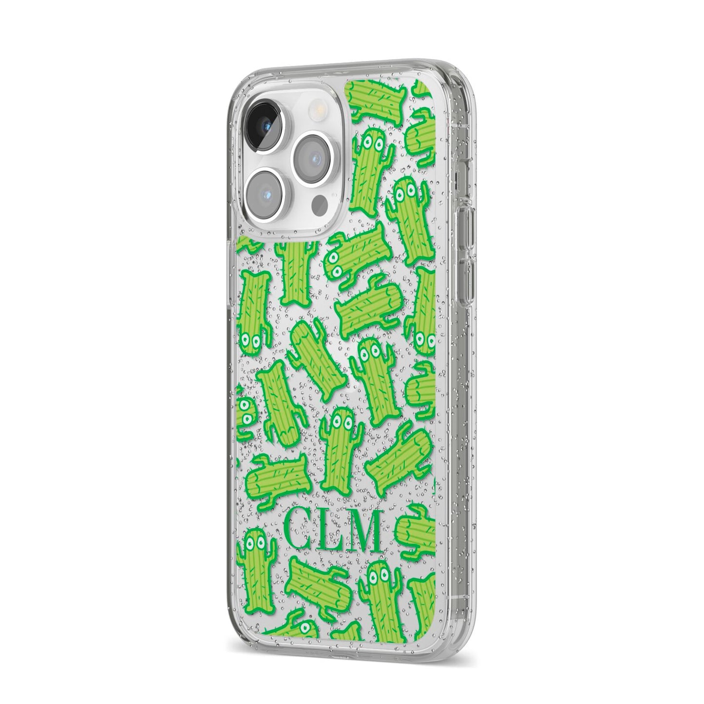 Personalised Cactus Initials iPhone 14 Pro Max Glitter Tough Case Silver Angled Image