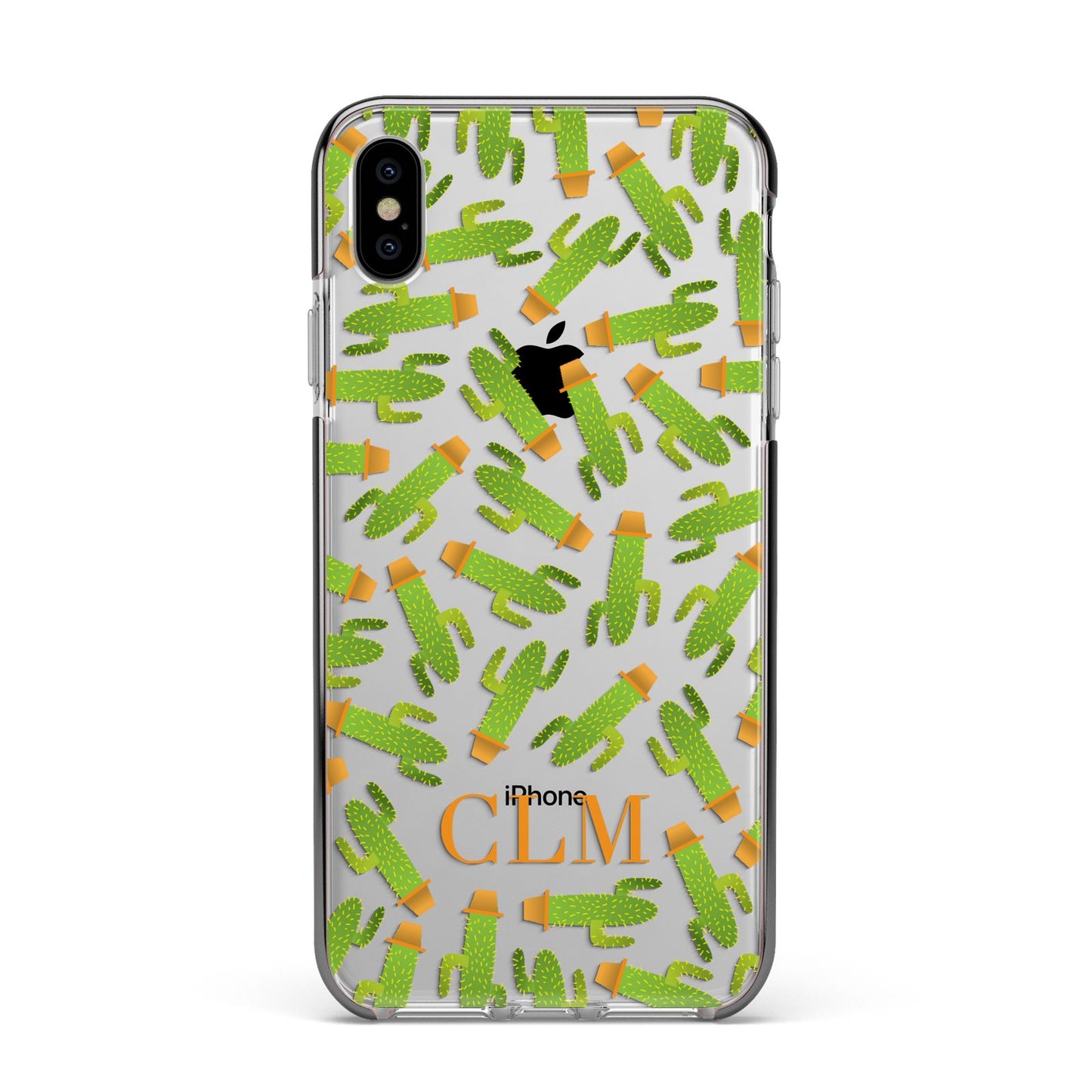 Personalised Cactus Monogram Apple iPhone Xs Max Impact Case Black Edge on Silver Phone