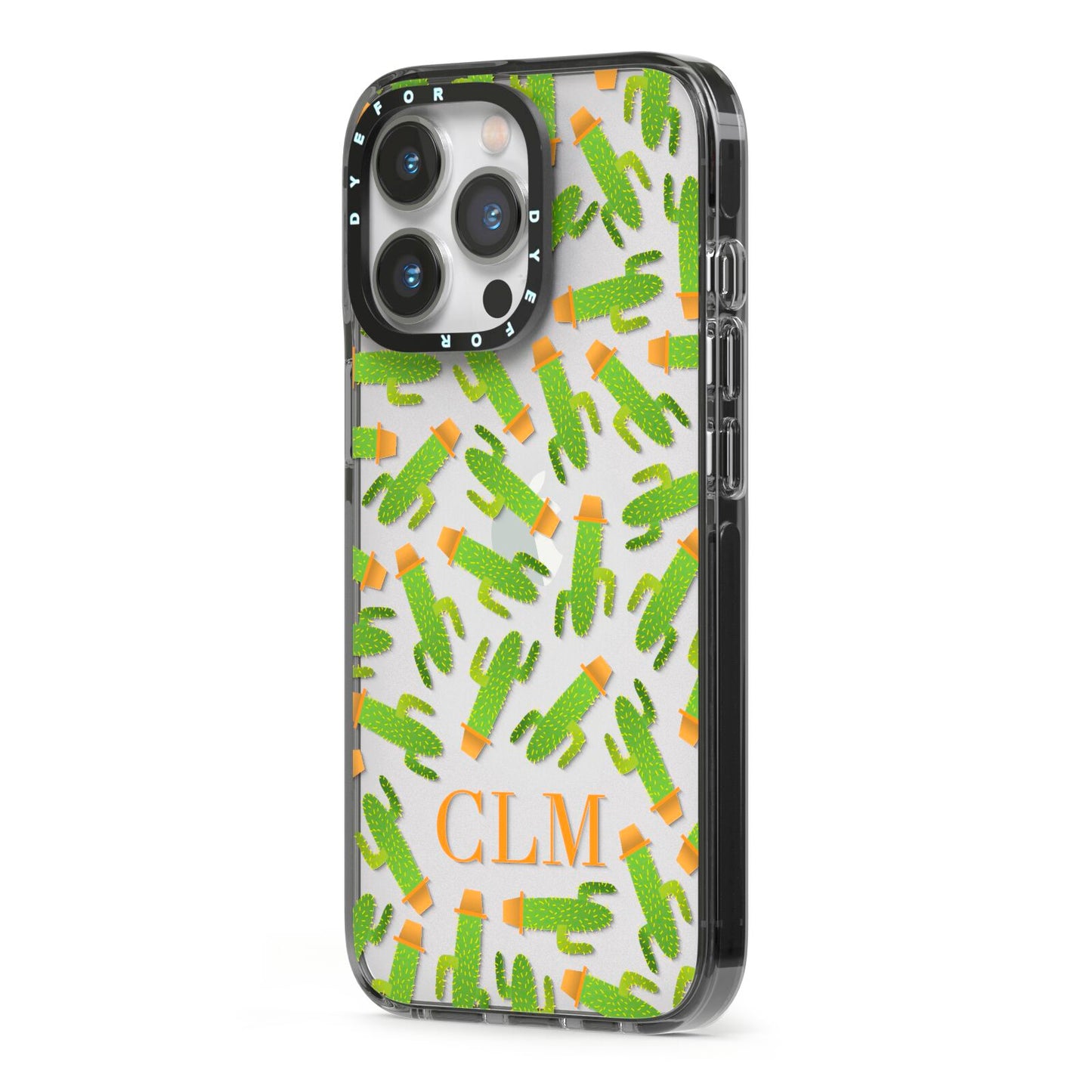 Personalised Cactus Monogram iPhone 13 Pro Black Impact Case Side Angle on Silver phone