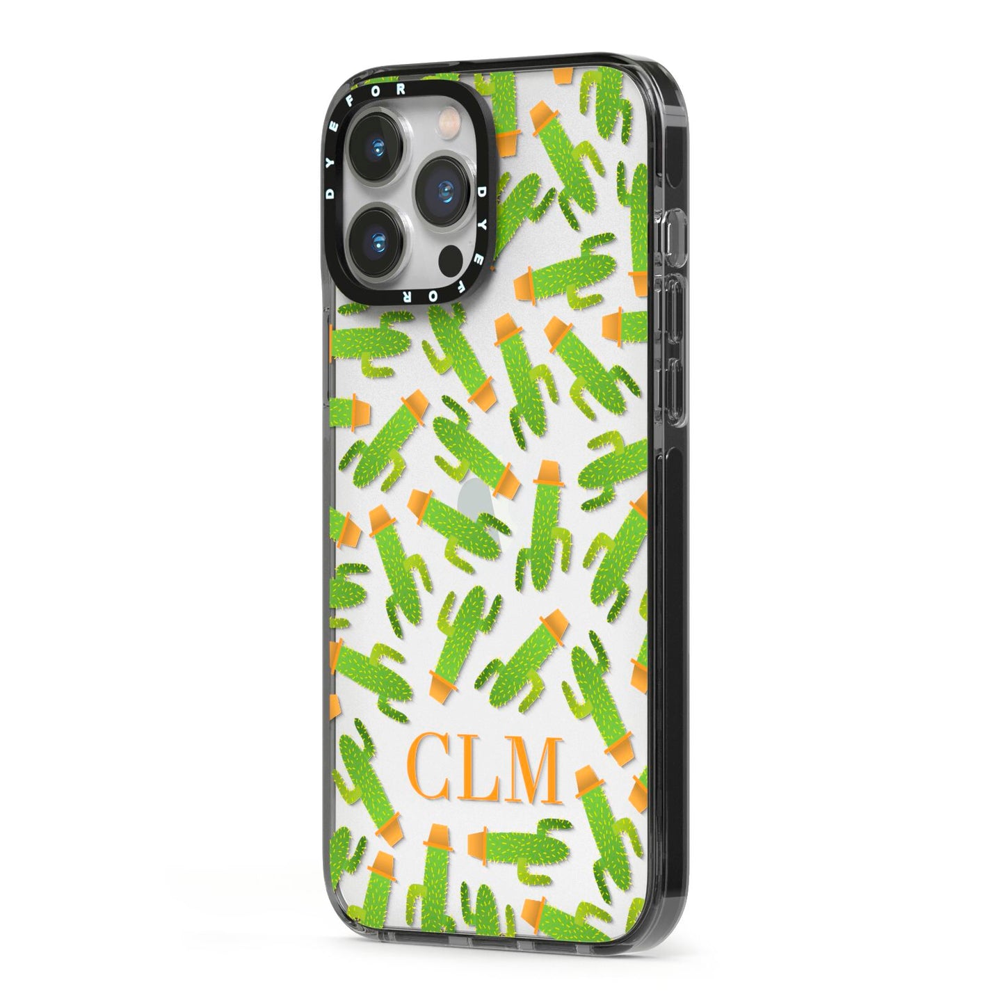 Personalised Cactus Monogram iPhone 13 Pro Max Black Impact Case Side Angle on Silver phone