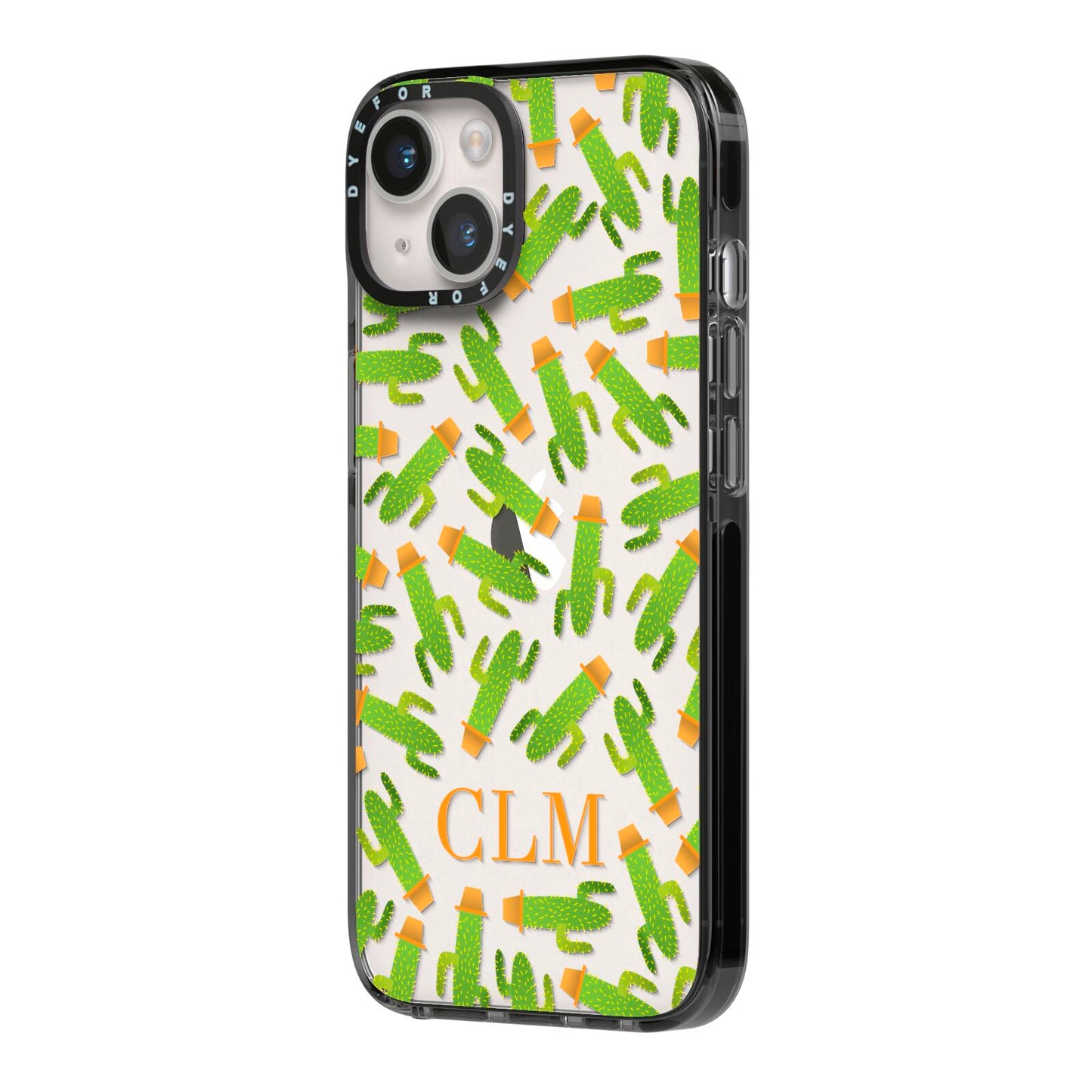 Personalised Cactus Monogram iPhone 14 Black Impact Case Side Angle on Silver phone