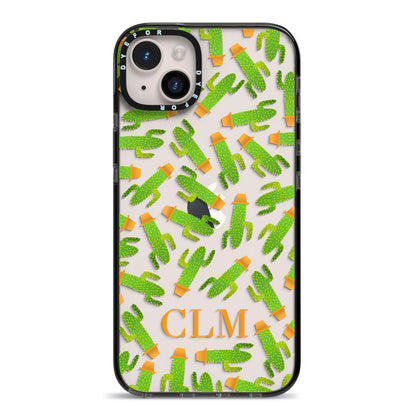 Personalised Cactus Monogram iPhone 14 Plus Black Impact Case on Silver phone