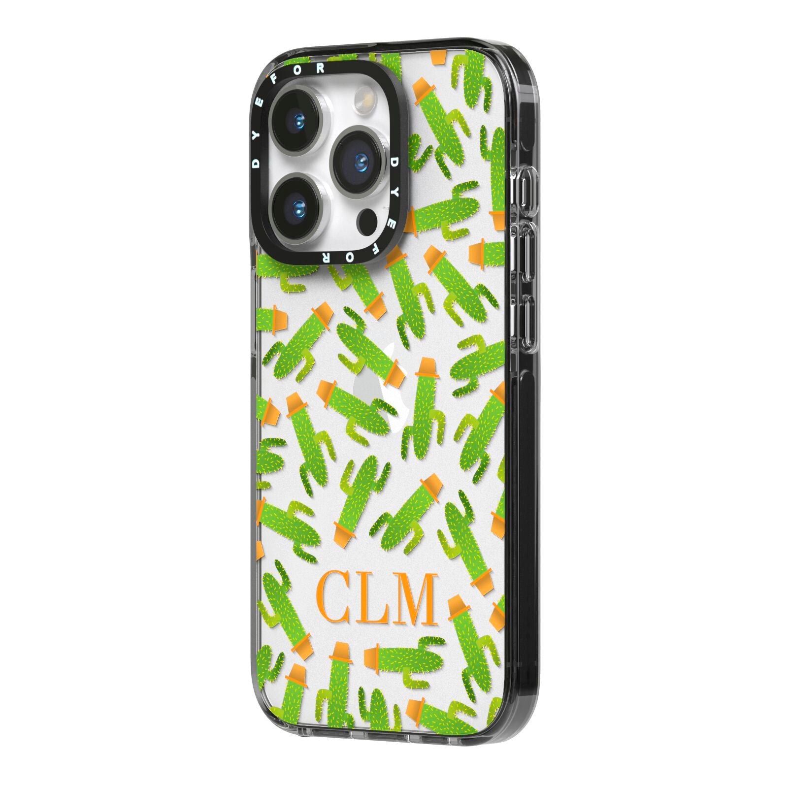 Personalised Cactus Monogram iPhone 14 Pro Black Impact Case Side Angle on Silver phone