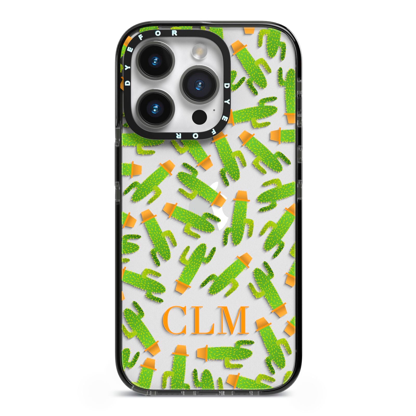 Personalised Cactus Monogram iPhone 14 Pro Black Impact Case on Silver phone