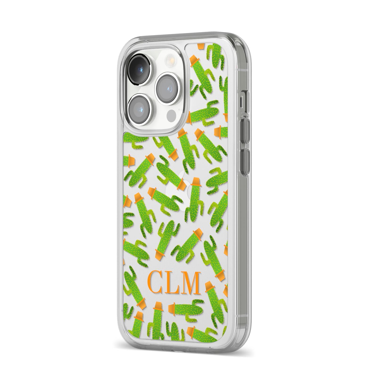 Personalised Cactus Monogram iPhone 14 Pro Clear Tough Case Silver Angled Image