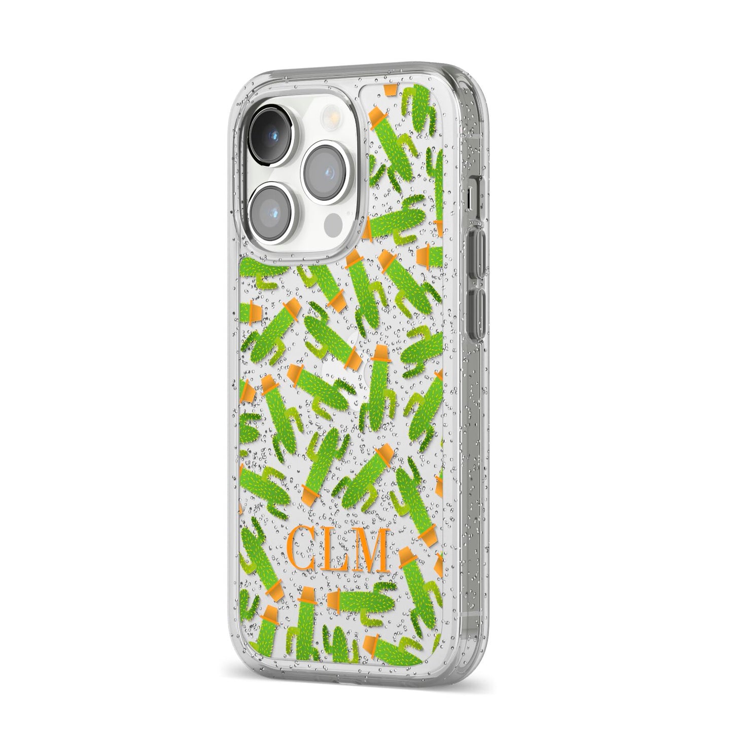 Personalised Cactus Monogram iPhone 14 Pro Glitter Tough Case Silver Angled Image