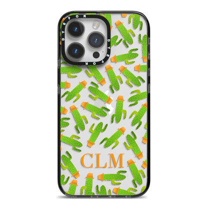 Personalised Cactus Monogram iPhone 14 Pro Max Black Impact Case on Silver phone