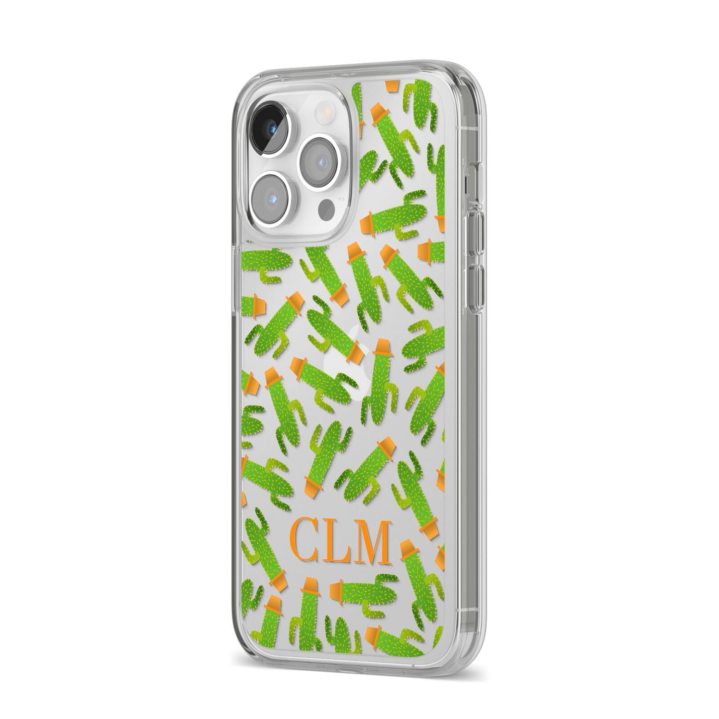Personalised Cactus Monogram iPhone 14 Pro Max Clear Tough Case Silver Angled Image