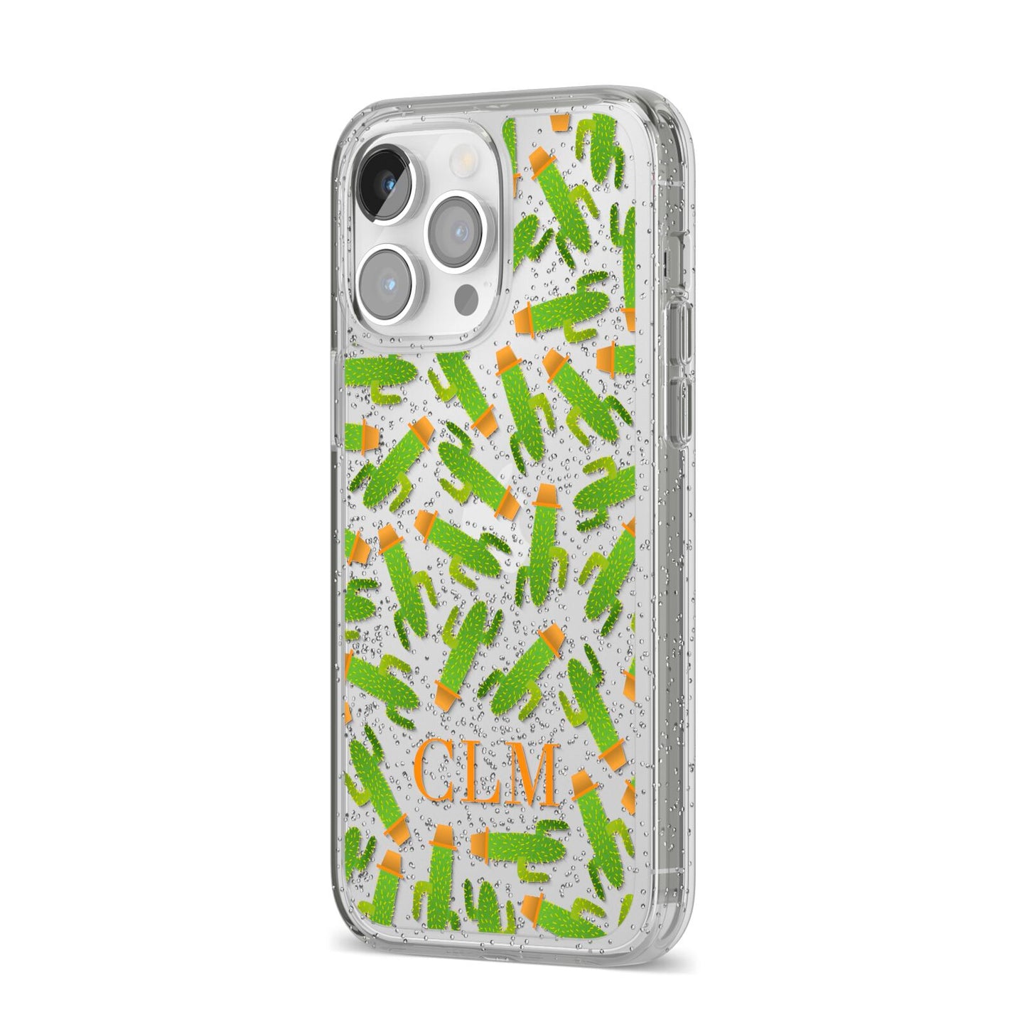 Personalised Cactus Monogram iPhone 14 Pro Max Glitter Tough Case Silver Angled Image