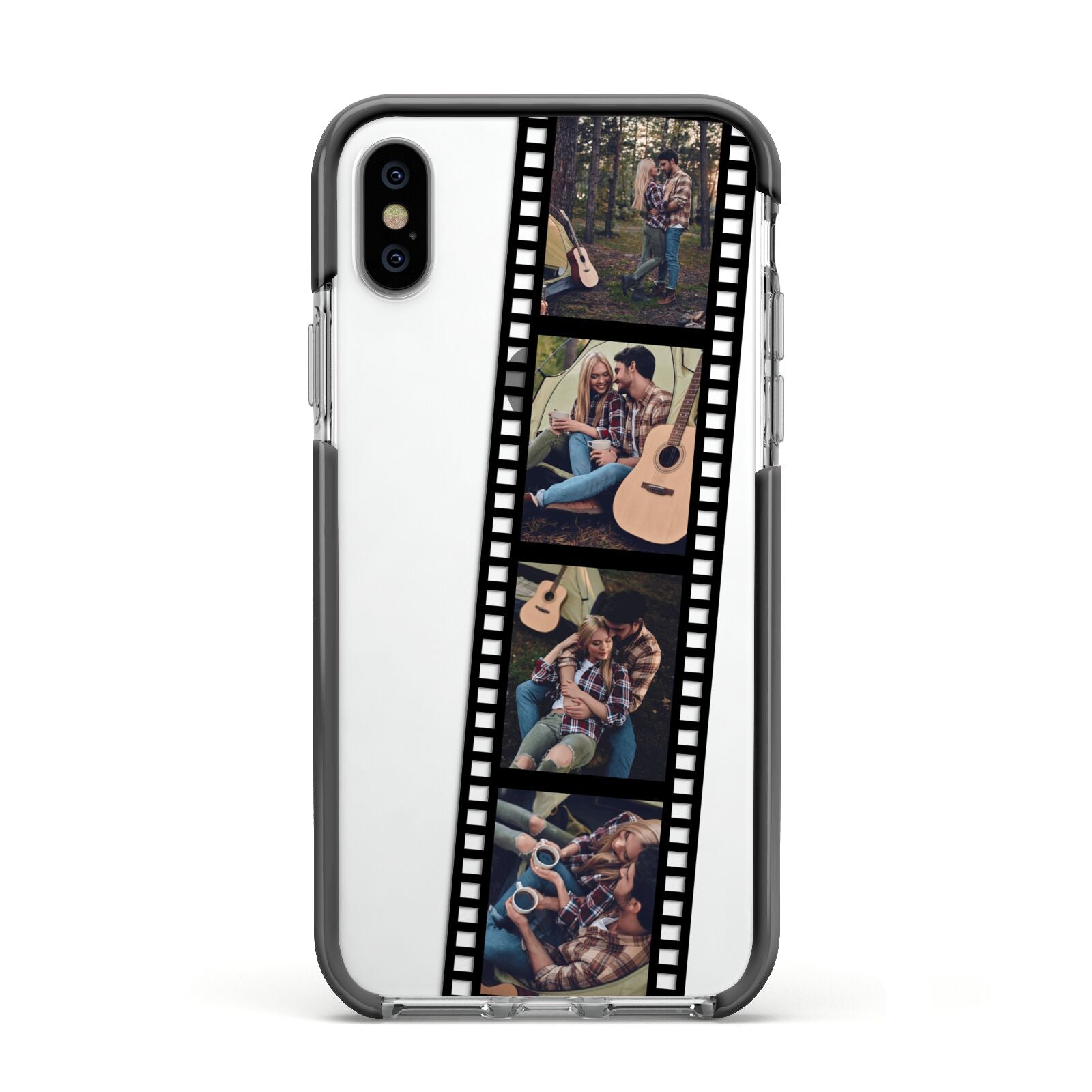 Personalised Camera Film Photo Apple iPhone Xs Impact Case Black Edge on Silver Phone