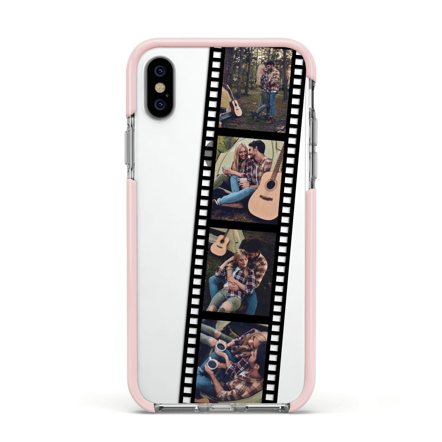 Personalised Camera Film Photo Apple iPhone Xs Impact Case Pink Edge on Silver Phone