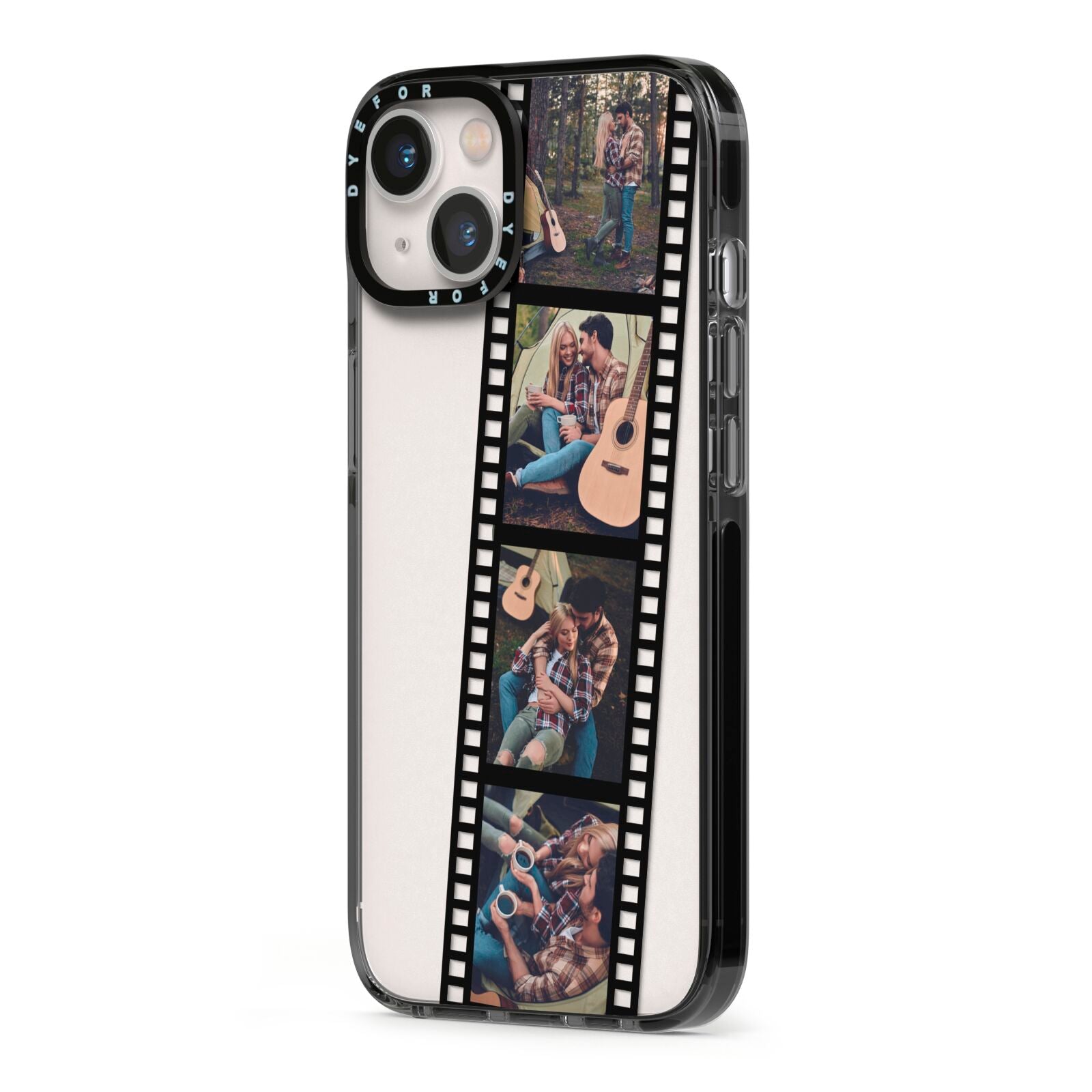 Personalised Camera Film Photo iPhone 13 Black Impact Case Side Angle on Silver phone