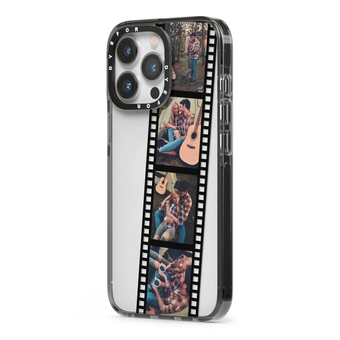 Personalised Camera Film Photo iPhone 13 Pro Black Impact Case Side Angle on Silver phone