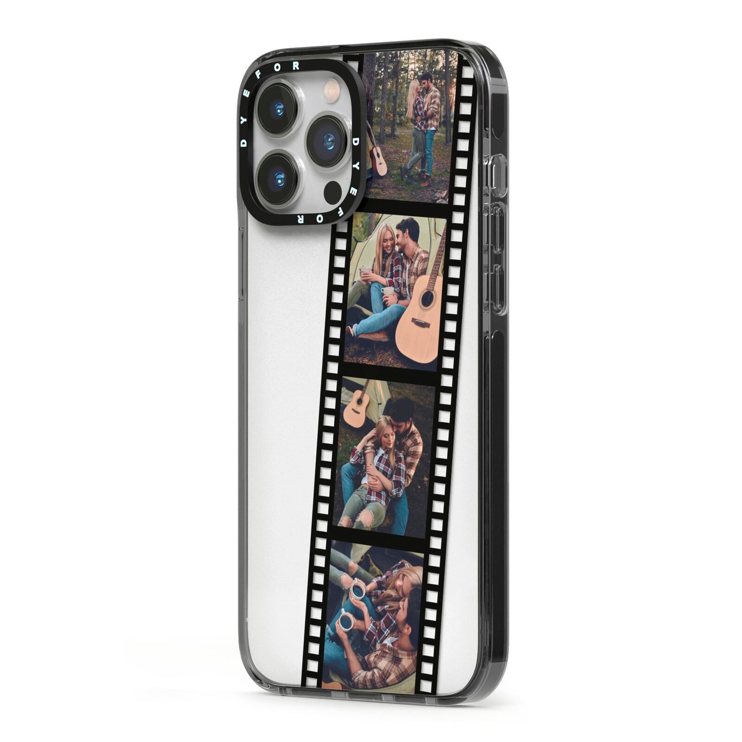 Personalised Camera Film Photo iPhone 13 Pro Max Black Impact Case Side Angle on Silver phone