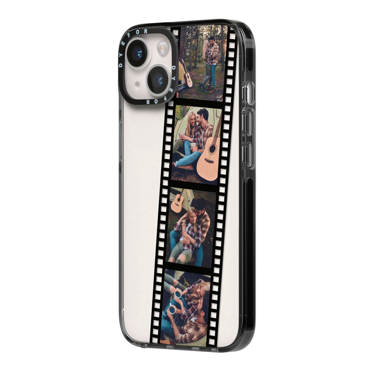 Personalised Camera Film Photo iPhone 14 Black Impact Case Side Angle on Silver phone
