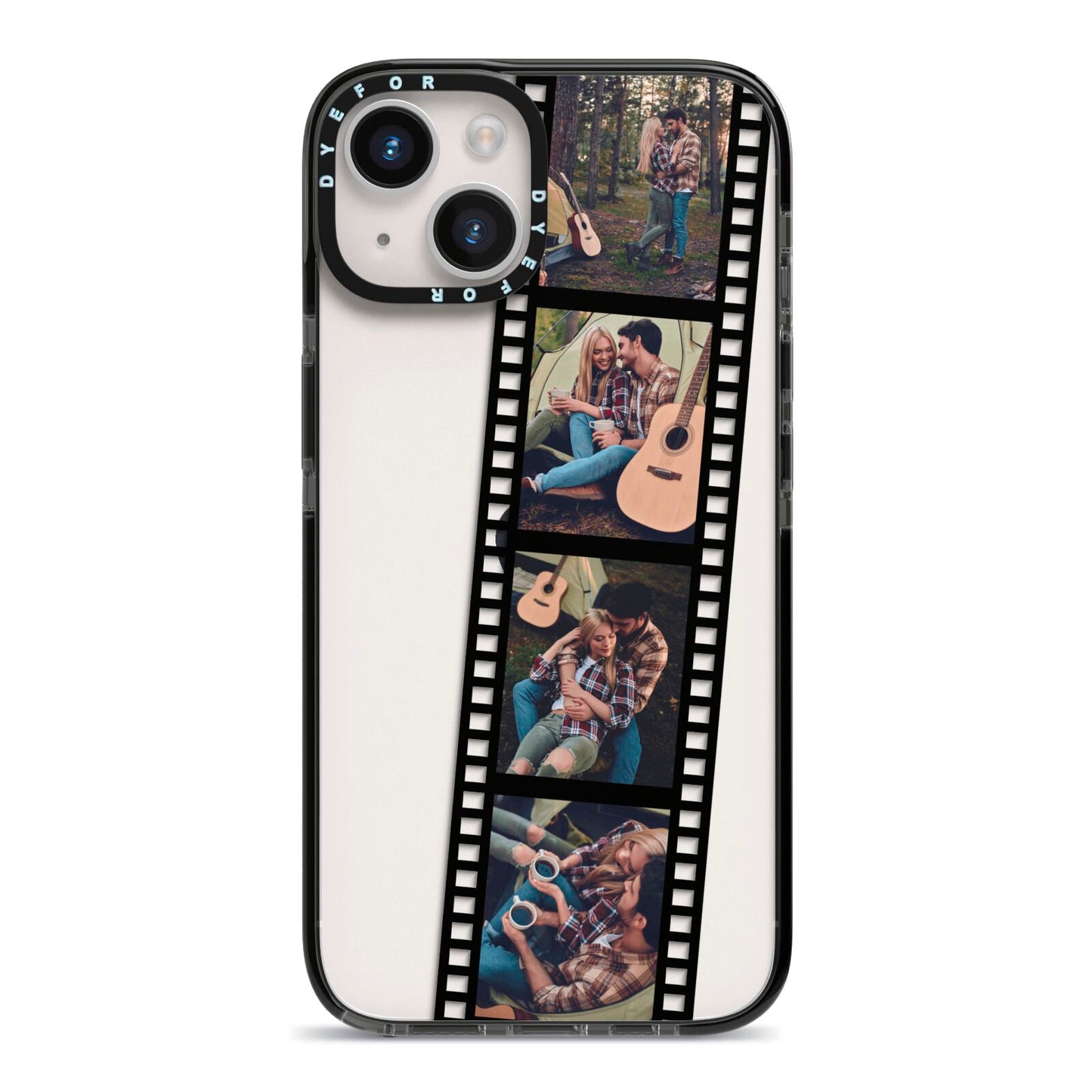 Personalised Camera Film Photo iPhone 14 Black Impact Case on Silver phone