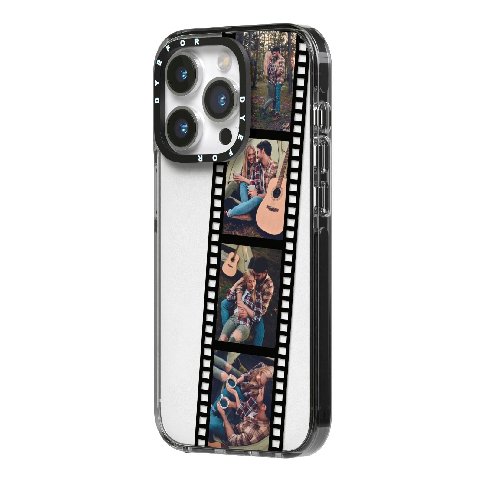 Personalised Camera Film Photo iPhone 14 Pro Black Impact Case Side Angle on Silver phone